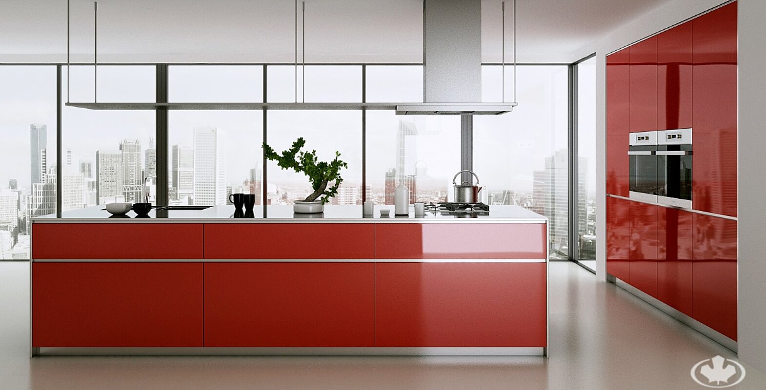 Bialo czerwona kuchnia z wyspa