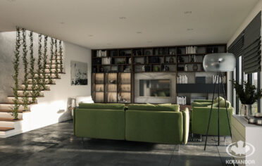 Salon zielony z regalem na wymiar witryna szklana sofa