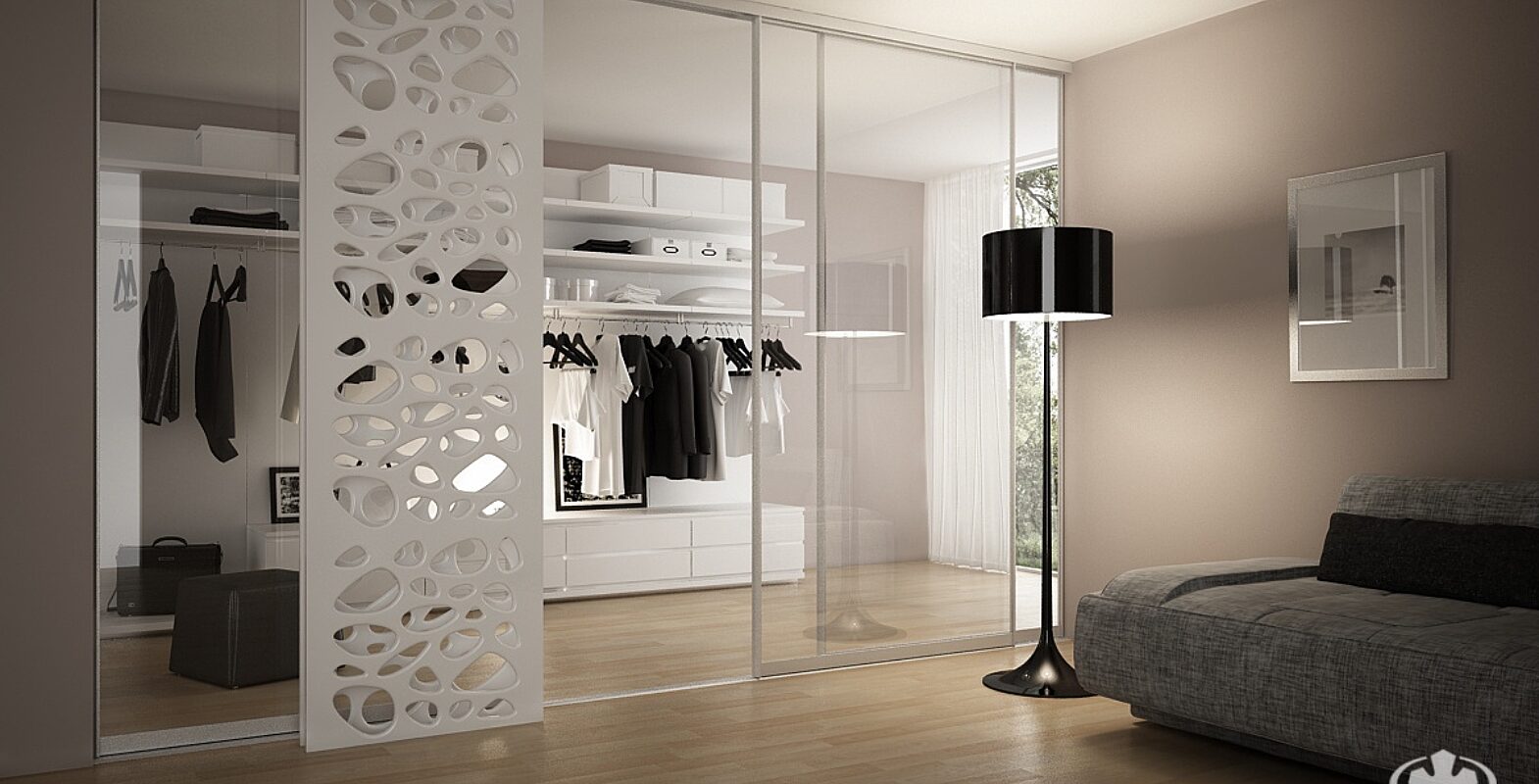 Biała garderoba z drzwiami przesuwnymi i panelem azurowym 2