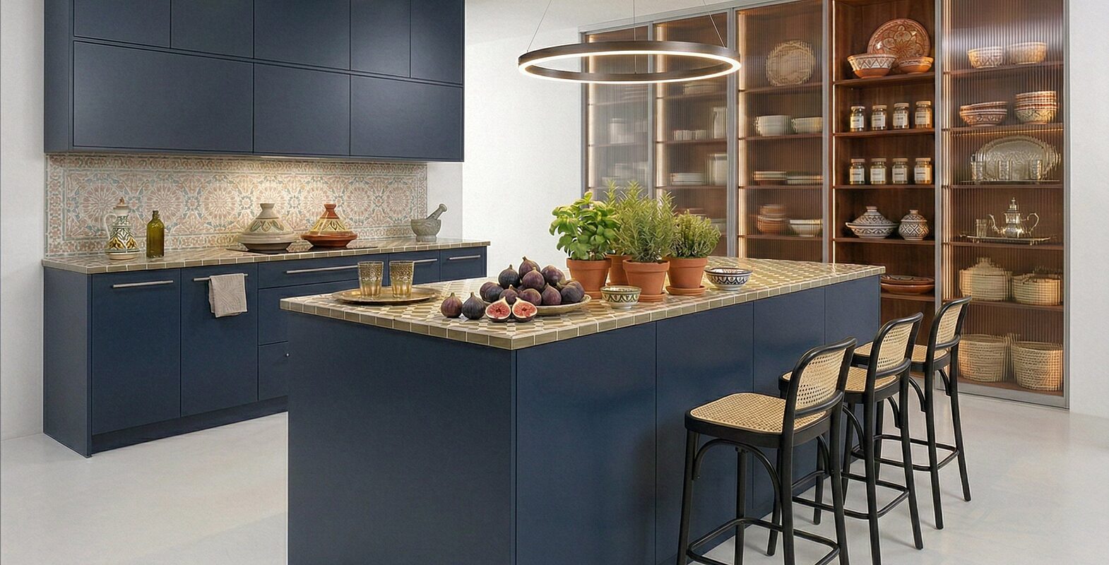 Kuchnia z wyspa granatowa styl marokanski komandor