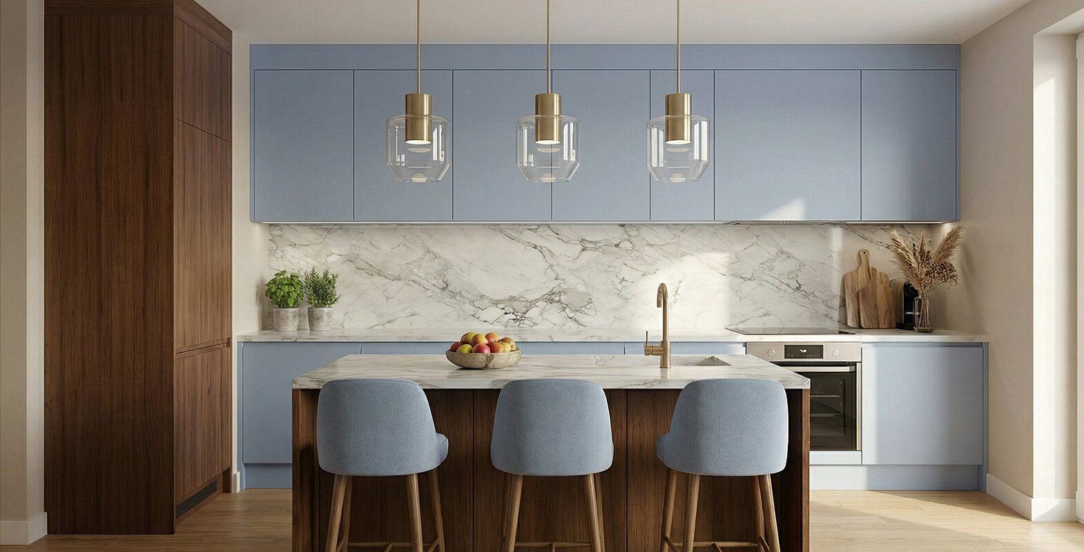 Niebieska kuchnia z wyspa komandor