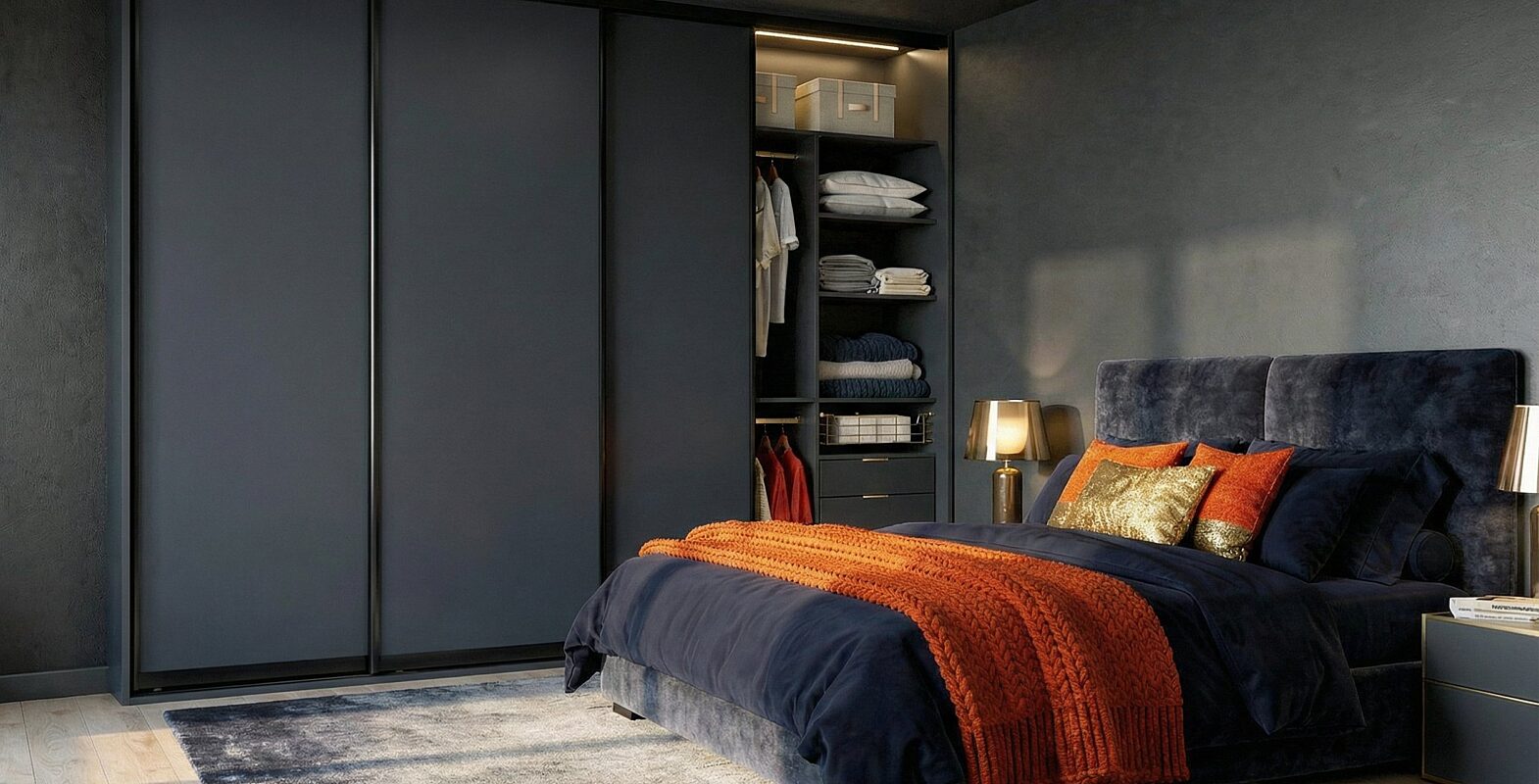 Szafa przesuwna czarna w sypialni i lozko styl modern glamour komador