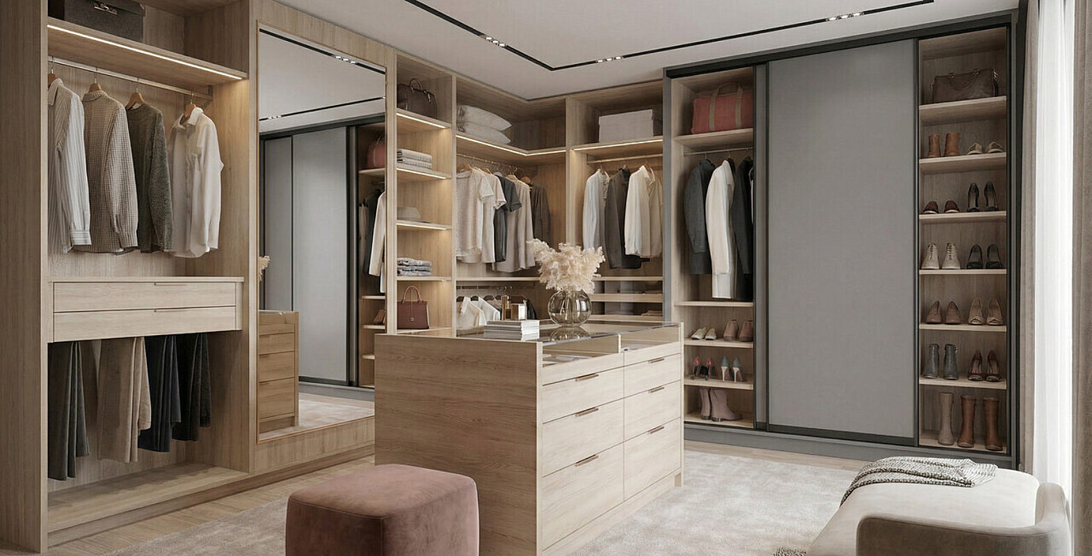 Szafa przesuwna szara garderoba z wyspa komandor szafir 1