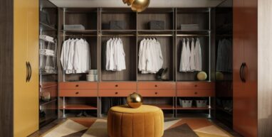 Garderoba C moder glamour z szufladami i miodowym pufem