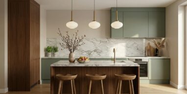 Kuchnia modern z wyspa i wysoka zabudowa komandor