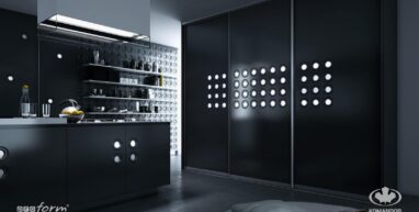 Modernistyczna czarna kuchnia z wyspa