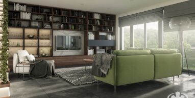 Salon z regalem witryna spieki kwarcowe w meblach