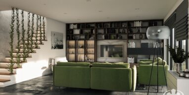 Salon zielony z regalem na wymiar witryna szklana sofa