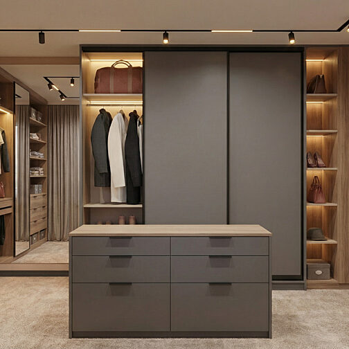 Szafa przesuwna szara garderoba z wyspa komandor szafir 2