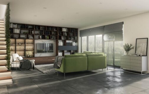 Nowoczesny salon z duzym regalem na wymiar na cala ścianę