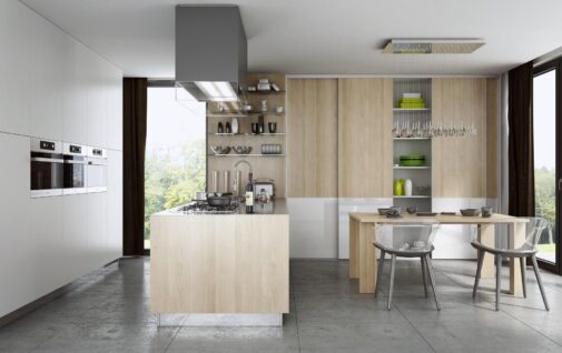 Aranzacja kuchni z wyspa i stolem w jadalni