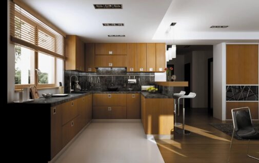 Brazowa kuchnia z nimi barem otwarta na salon