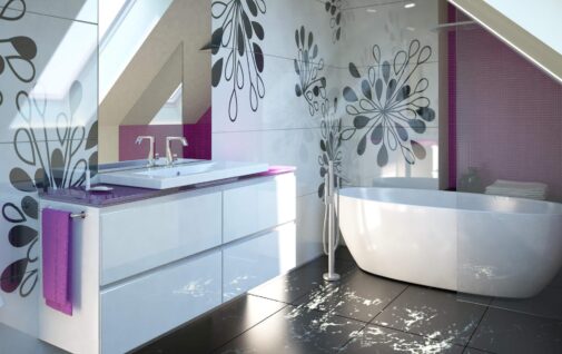 Lazienka na poddaszu z biala szafka pod umywalka