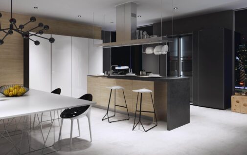 Minimalistyczna kuchnia z wyspa i biala szafa