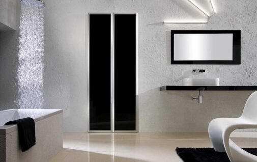 Minimalistyczna lazienka z czarna dwudrzwiowa szafa