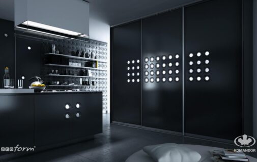 Modernistyczna czarna kuchnia z wyspa