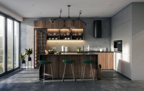 Nowoczesna kuchnia z wyspa i witryna na wino