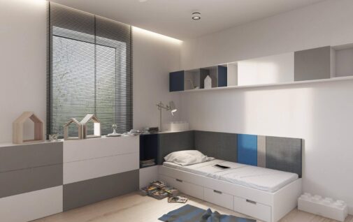 Pokoj dzieciecy z pojedynczym lozkiem z szufladami i komoda i