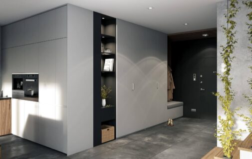 Przedpokoj otwarty na salon z szara szafa uchylna i regalem