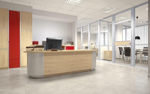 Stanowisko biurowe z lada i szafa recepcja