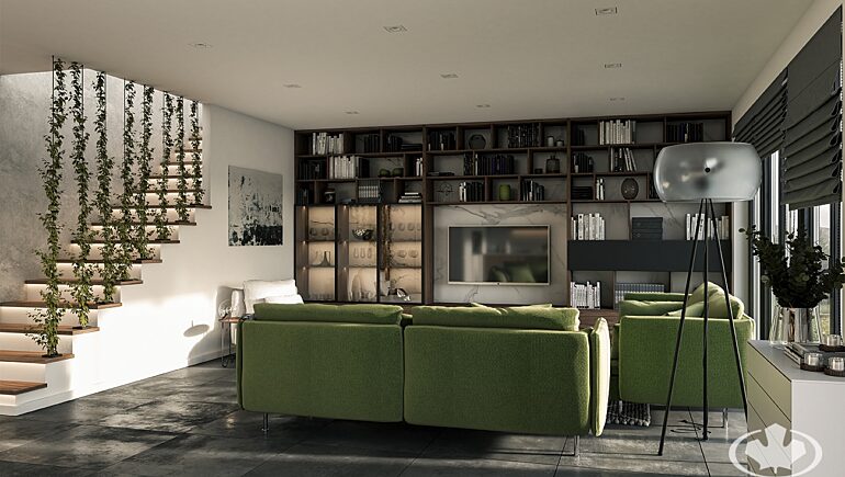 Salon zielony z regalem na wymiar witryna szklana sofa