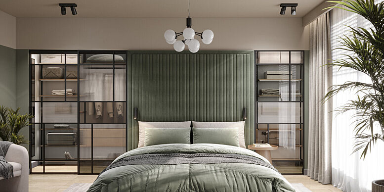 Garderoba w sypialni i szklana sciana