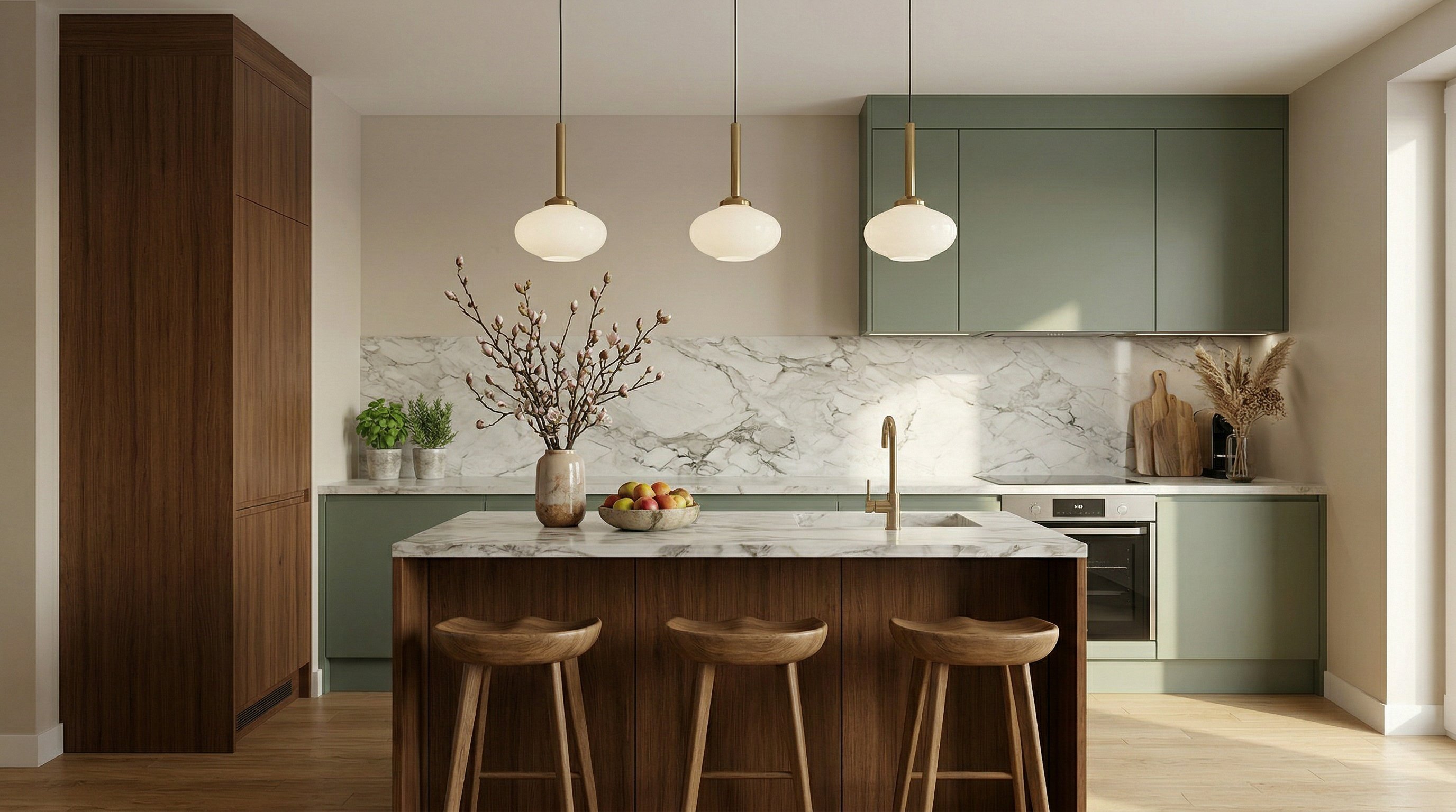 Kuchnia modern z wyspa i wysoka zabudowa komandor