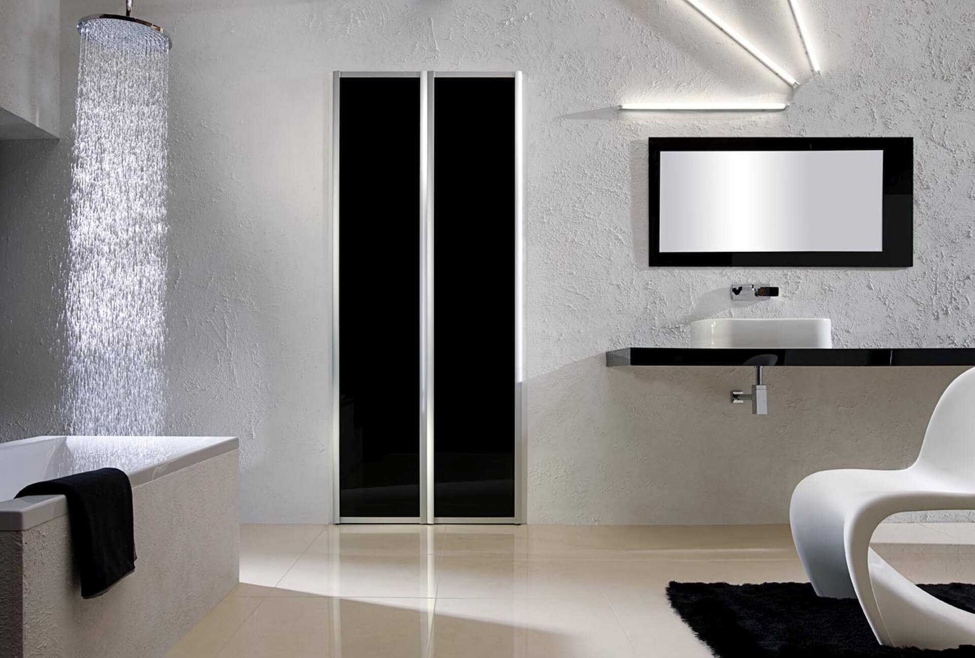 Minimalistyczna lazienka z czarna dwudrzwiowa szafa