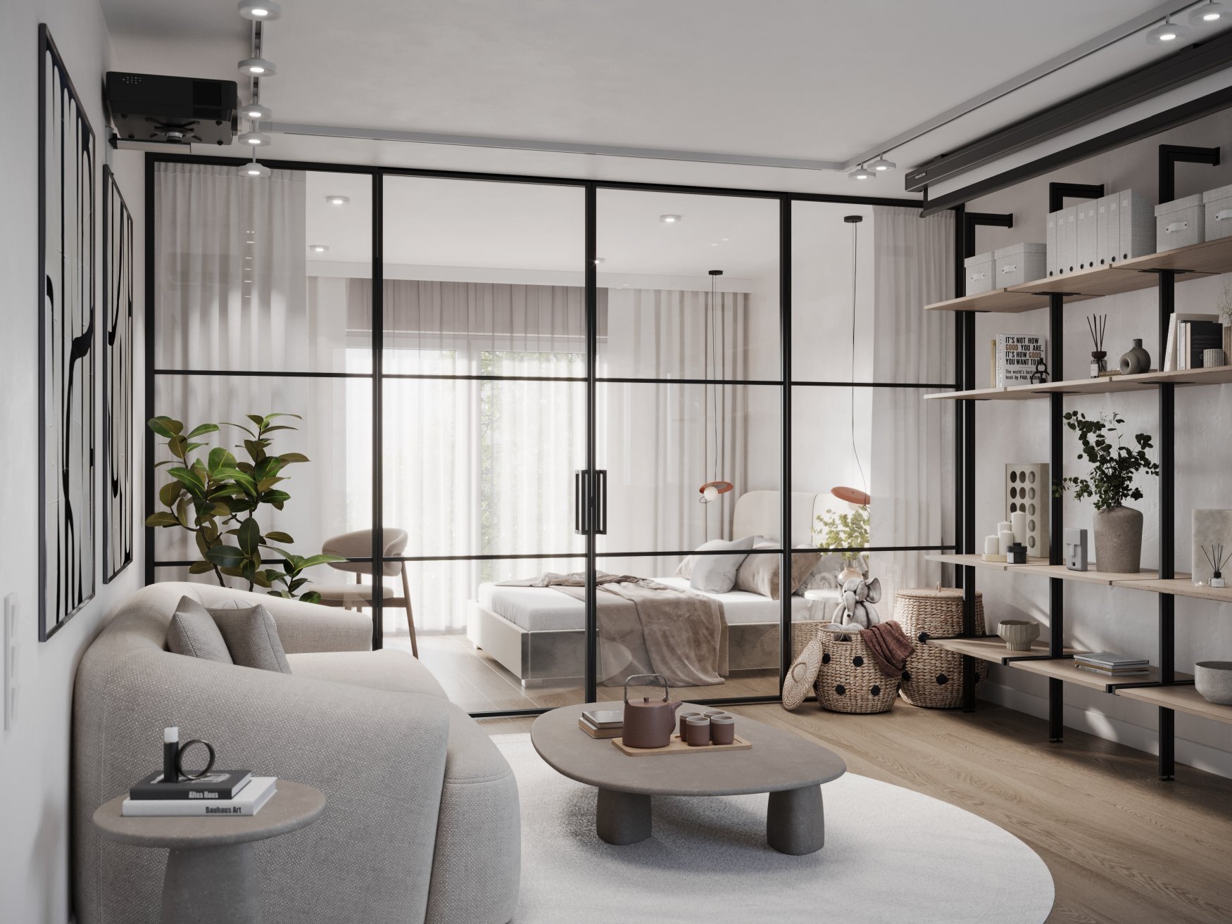 szklana ściana między salonem a sypialnią