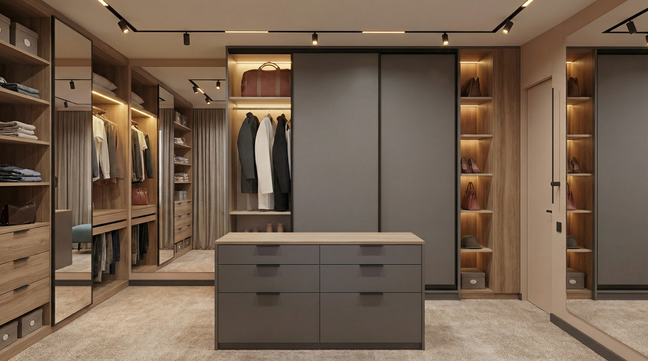 Szafa przesuwna szara garderoba z wyspa komandor szafir 2