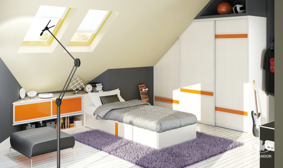 pokój dla ucznia na poddaszu w kolorze bieli i pomarańczu z szafą i łóżkiem